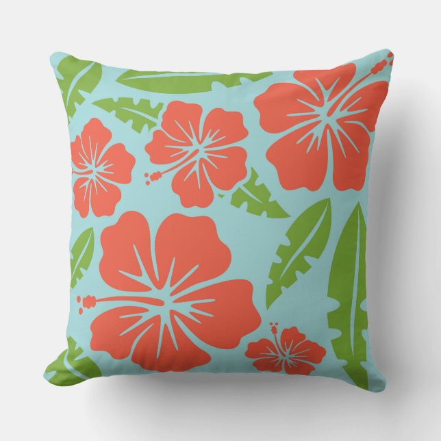 Blue Green Orange Hawaiian Floral Pillow (Front)