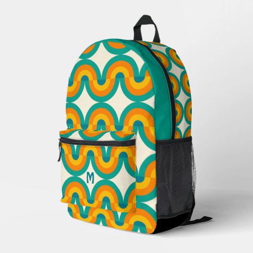 Blue Green Orange Midcentury Waves Circles Pattern Printed Backpack