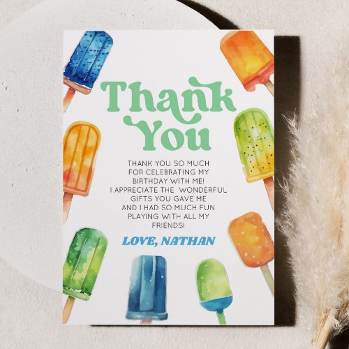 Blue Green Orange Retro Popsicle Birthday Party Thank You Card