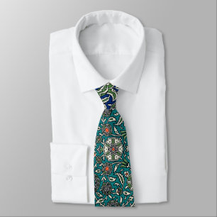 Blue Green Orange Teal Ornate Arabic Pattern Neck Tie