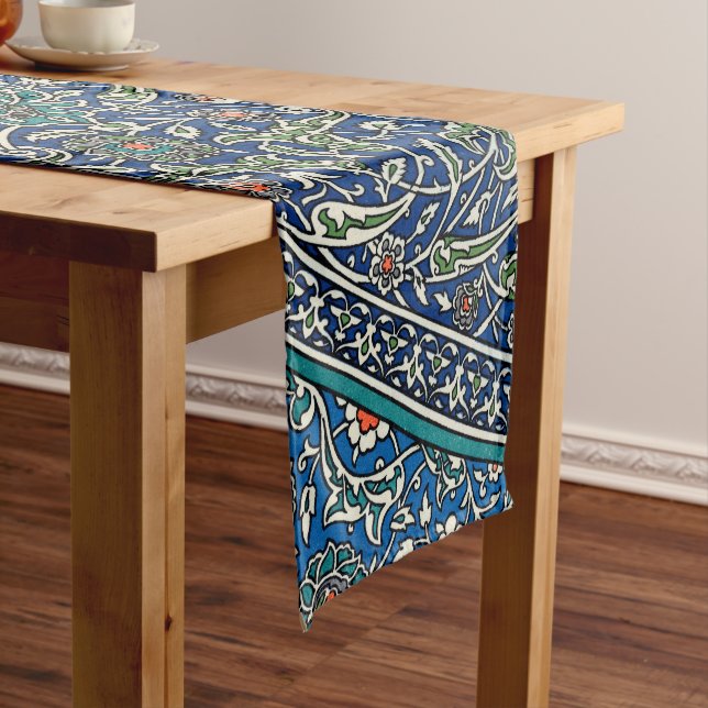 Blue Green Orange Teal Ornate Arabic Pattern Short Table Runner (In Situ)