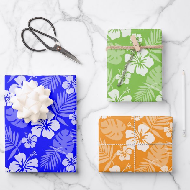 BLUE GREEN ORANGE TROPICAL HIBISCUS FLOWERS WRAPPING PAPER SHEETS (Front)