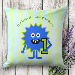 Blue Green Our Little Monster Boy 1st Birthday Throw Pillow
