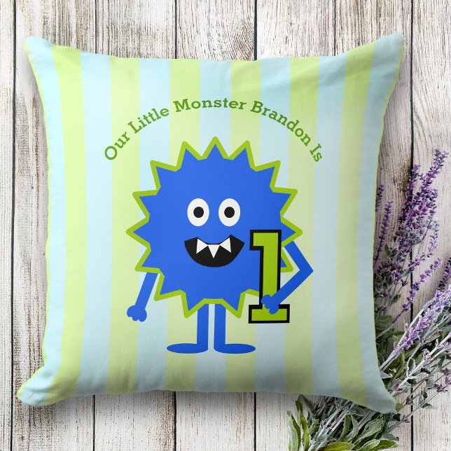 Blue Green Our Little Monster Boy 1st Birthday Throw Pillow (Creator Uploaded)
