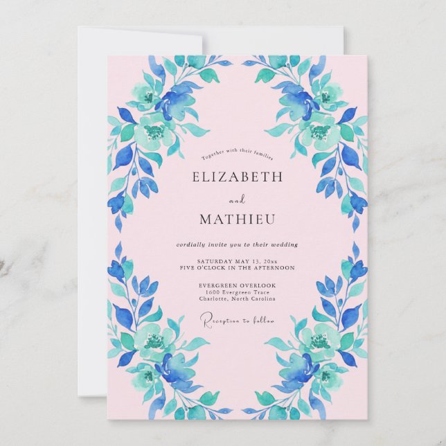 Blue Green Painterly Bloom Wedding Invitation (Front)