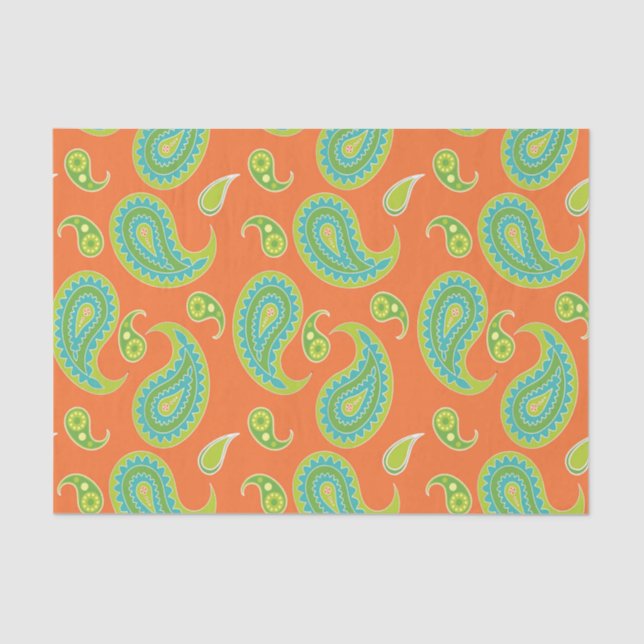 Blue-Green Paisley on Bright Orange Tissue Paper (Front)
