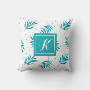 Blue-green palm leaves pattern throw pillow