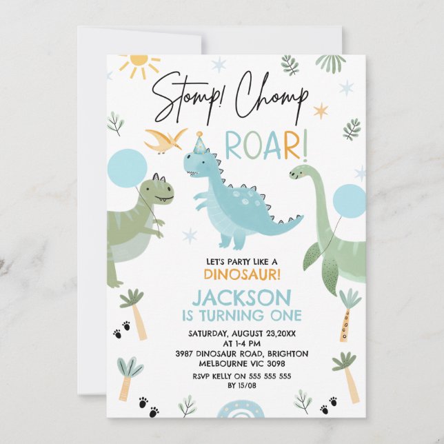Blue Green Party Like A Dinosaur Birthday Invitation (Front)