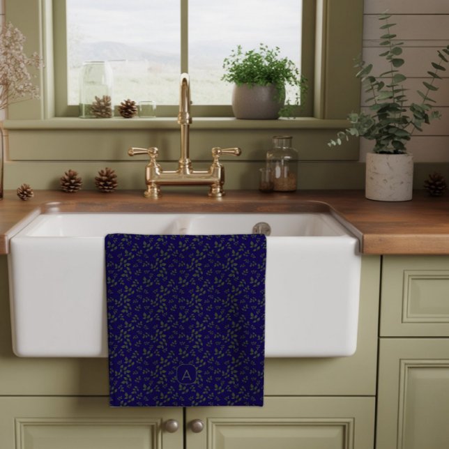 Blue green  pattern leaves  name letter kitchen towel (Creator Uploaded)