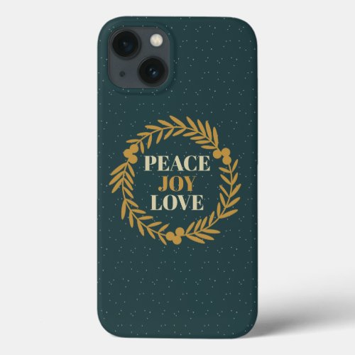 Blue_Green Peace Joy Love Gold Christmas Wreath iPhone 13 Case