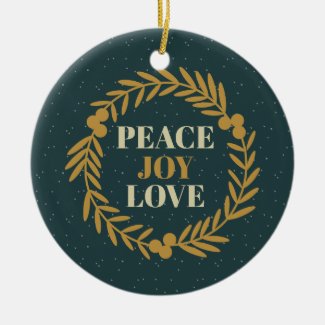 Blue-Green Peace, Joy, Love Gold Christmas Wreath