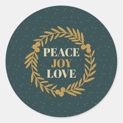 Blue_Green Peace Joy Love Gold Christmas Wreath Classic Round Sticker