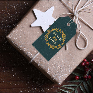 Blue-Green Peace, Joy, Love Gold Christmas Wreath Gift Tags