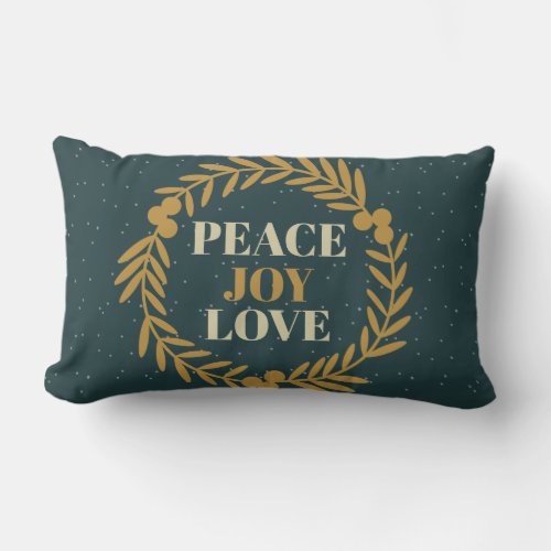 Blue_Green Peace Joy Love Gold Christmas Wreath Lumbar Pillow