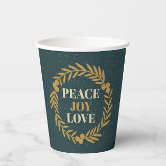 Blue-Green Peace, Joy, Love Gold Christmas Wreath