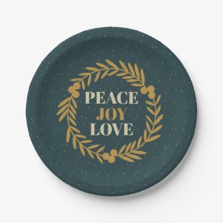 Blue-Green Peace, Joy, Love Gold Christmas Wreath