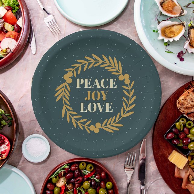 Blue-Green Peace, Joy, Love Gold Christmas Wreath Paper Plates (Creator Uploaded)