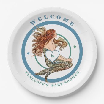 Blue Green Peach Pink Adorable Mermaid Baby Shower Paper Plates by samack at Zazzle