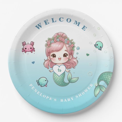 Blue Green Peach Pink Adorable Mermaid Baby Shower Paper Plates