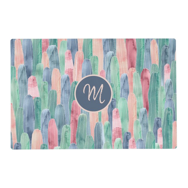 Blue Green Peach Watercolor Cacti Pattern Monogram Placemat (Front)