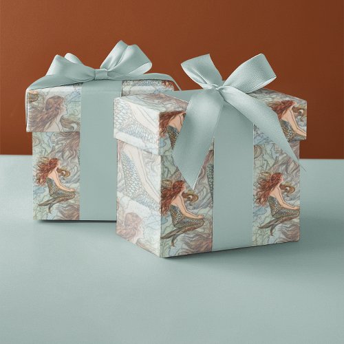 Blue Green  Peachy Coral Mermaid Pattern Wrapping Paper