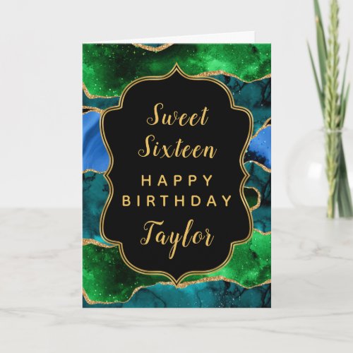 Blue Green Peacock Agate Sweet 16 Happy Birthday Card