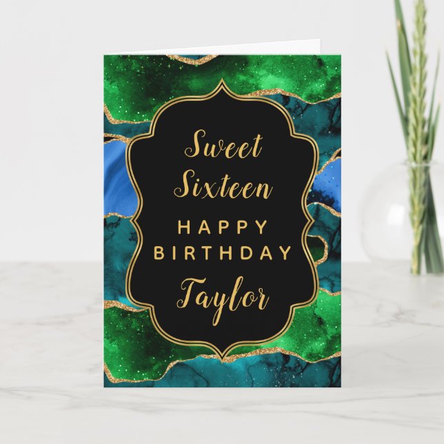 Blue Green Peacock Agate Sweet 16 Happy Birthday Card (Front)