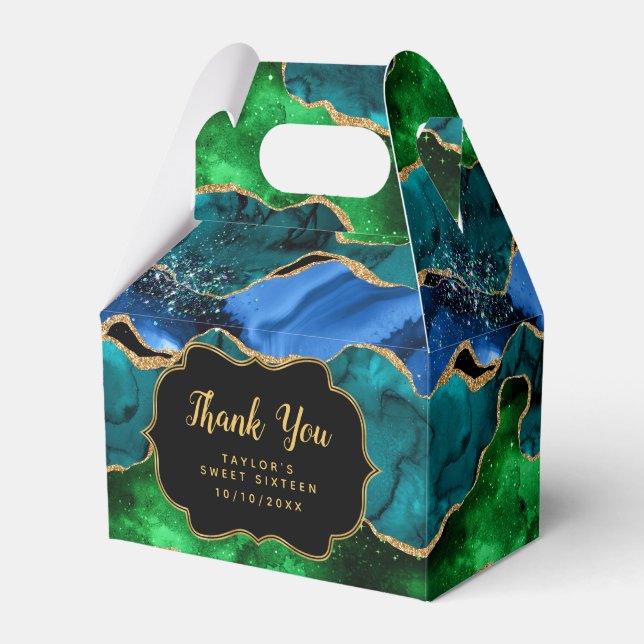 Blue Green Peacock Agate Sweet Sixteen Thank You Favor Boxes (Front Side)