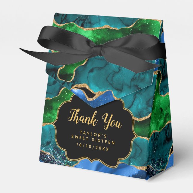 Blue Green Peacock Agate Sweet Sixteen Thank You Favor Boxes (Front Side)