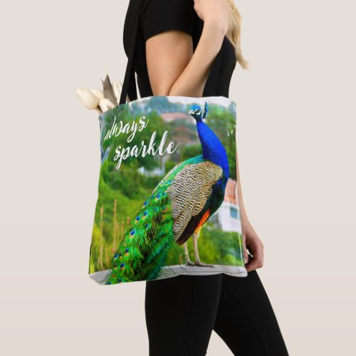 Blue green peacock bird photo always sparkle bold tote bag