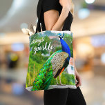 Blue green peacock bird photo always sparkle bold tote bag<br><div class="desc">“Always sparkle.” There’s nothing quite as stunning as a royal blue peacock with its green gem-hued feathers. Celebrate its beauty every day on this photography tote bag while you run errands and shop. Makes a great gift for someone special! You can easily personalize this tote bag plus I also offer...</div>