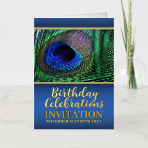 Blue Green Peacock Feather Special Event Birthday Foil Holiday Card