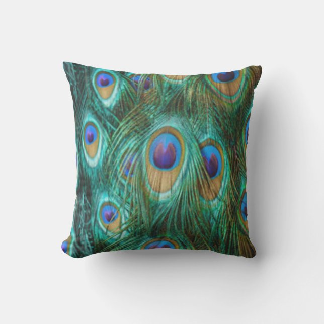 Blue Green Peacock Feathers Throw Pillow (Front)