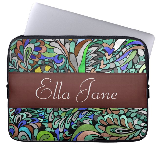 Blue Green Peacock Groovy laptop computer sleeve (Front)