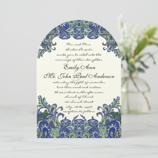 Blue & Green Peacock Ivory Wedding Invitations (Standing Front)