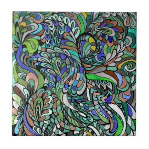 Blue Green Peacock Multicolor Funky Paisley art Tile