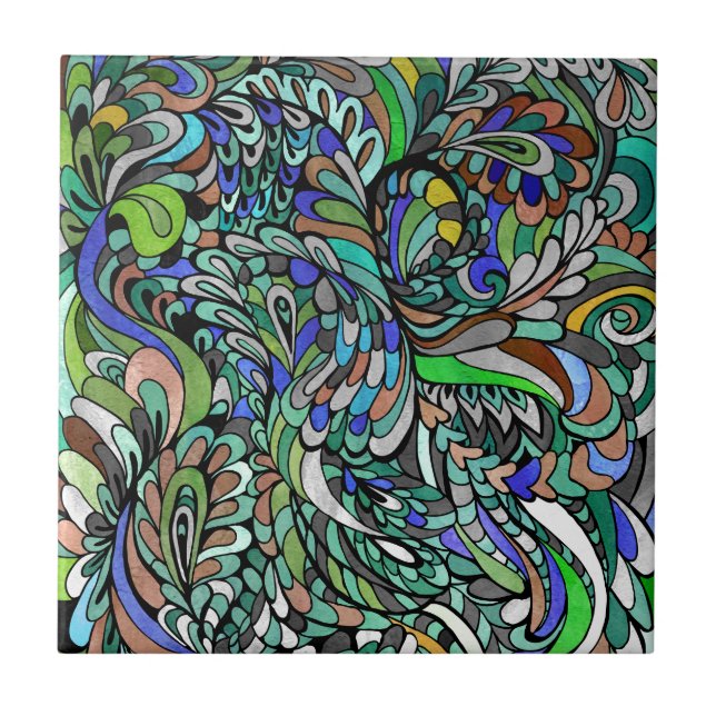 Blue Green  Peacock Multicolor Funky Paisley art Tile (Front)