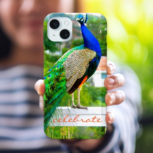 Blue Green Peacock Photo Celebrate Script Modern iPhone 15 Plus Case