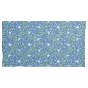 Blue Green Periwinkle Floral Pattern on Royal Blue Pillow Case