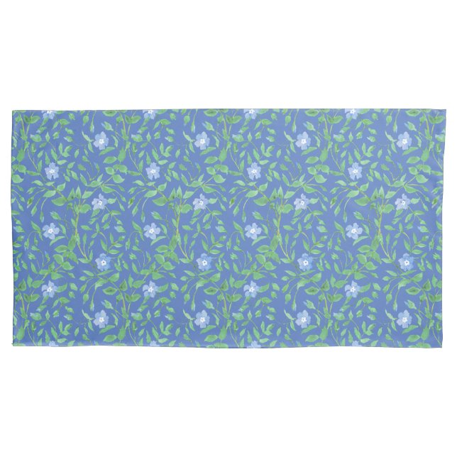Blue Green Periwinkle Floral Pattern on Royal Blue Pillow Case (Front-Left)