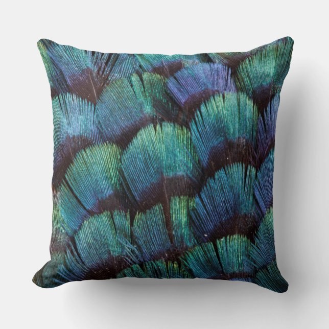 Blue-green pheasant feather design throw pillow (Front)