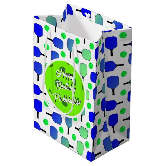 Blue & Green Pickleball Paddles Balls Personalized Medium Gift Bag (Front Angled)