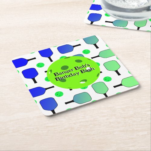 Blue  Green Pickleball Paddles Balls Personalized Square Paper Coaster