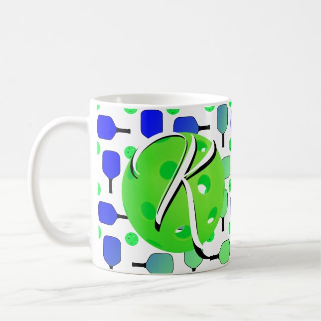 Blue & Green Pickleball Paddles Green Personalized Coffee Mug (Left)