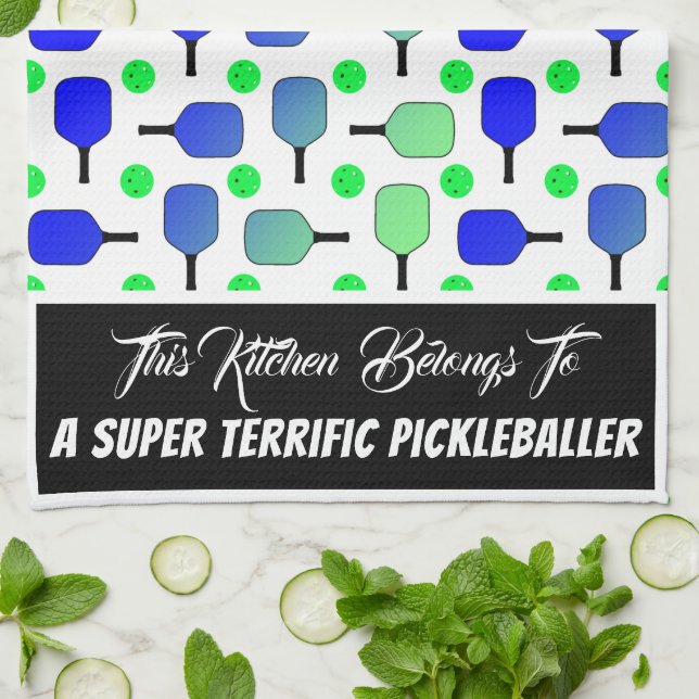 Blue & Green Pickleball Paddles Green Pickleballs Kitchen Towel (Folded)
