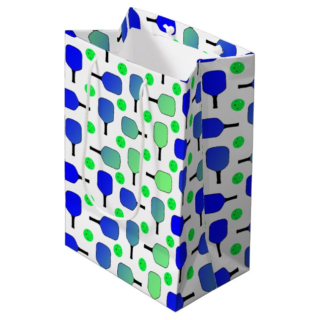 Blue & Green Pickleball Paddles Green Pickleballs Medium Gift Bag (Front Angled)