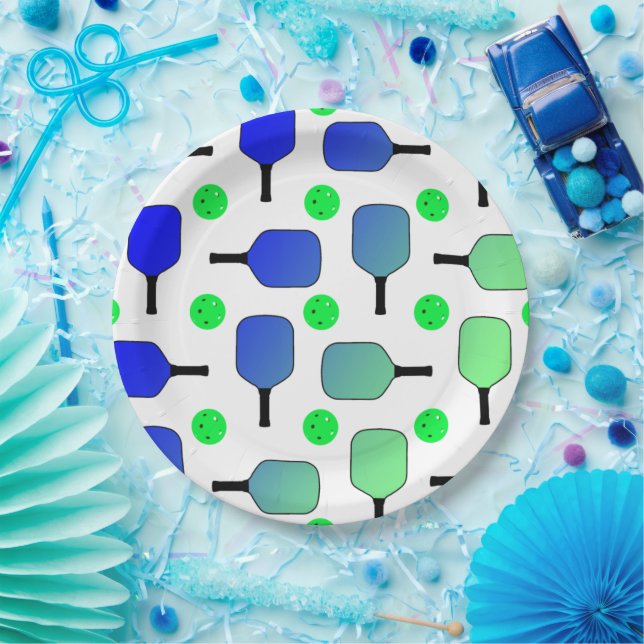 Blue & Green Pickleball Paddles Green Pickleballs Paper Plates (Party)