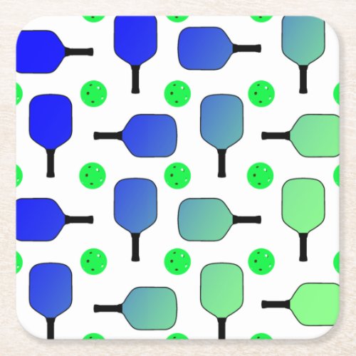 Blue  Green Pickleball Paddles Green Pickleballs Square Paper Coaster
