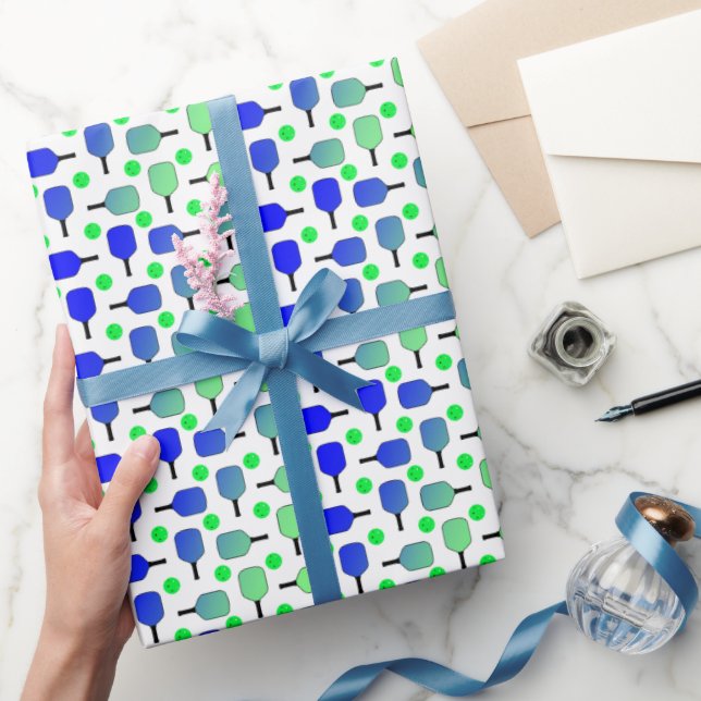 Blue & Green Pickleball Paddles Green Pickleballs Wrapping Paper (Gifting)