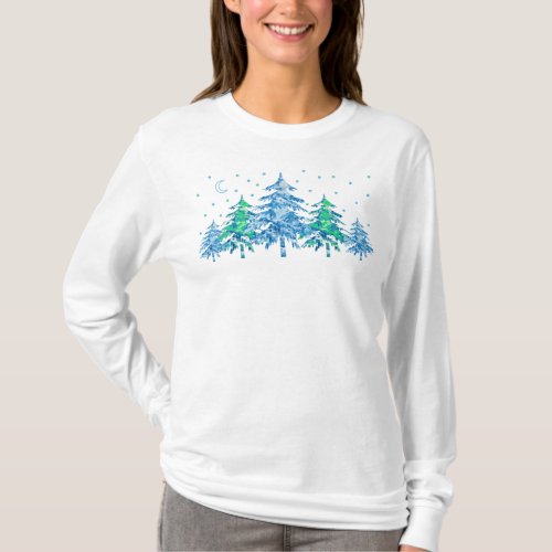Blue Green Pine Tree Winter Forest Christmas  T_Shirt